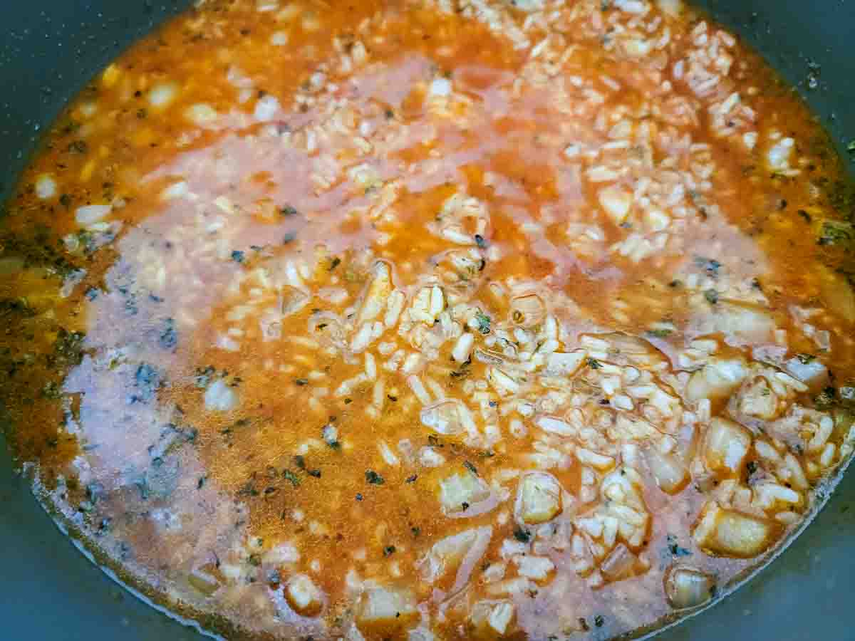 tomato paste, broth, cumin, garlic salt, oregano, rice and onions cooking in a skillet.