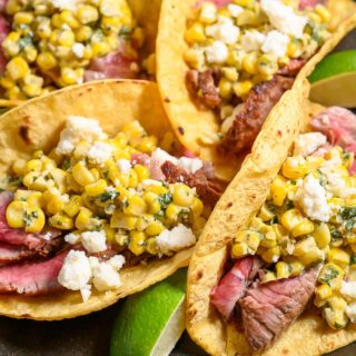 Beef Tenderloin and Elote Tacos on a plate.