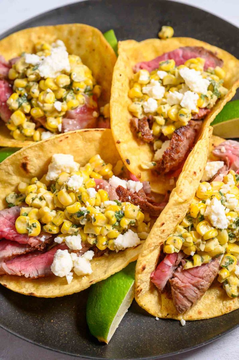 Beef Tenderloin and Elote Tacos on a plate.