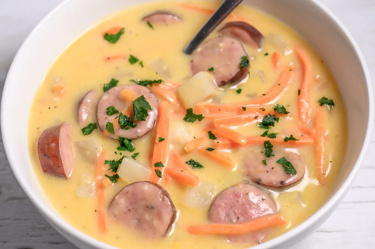 Cheesy Kielbasa Potato Soup in a bowl.