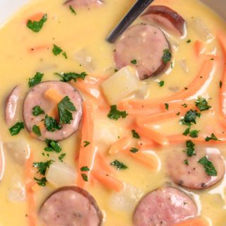 Cheesy Kielbasa Potato Soup in a bowl.