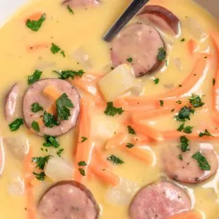 Cheesy Kielbasa Potato Soup in a bowl.