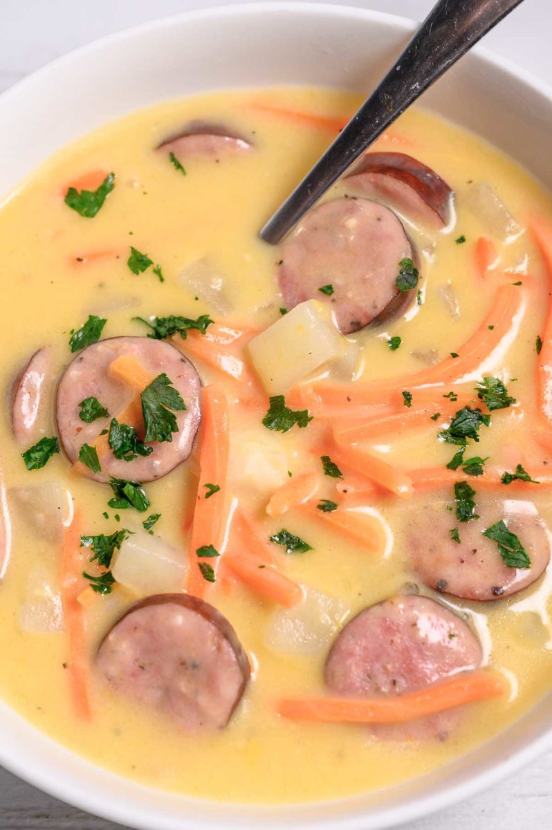 Cheesy Kielbasa Potato Soup in a bowl.