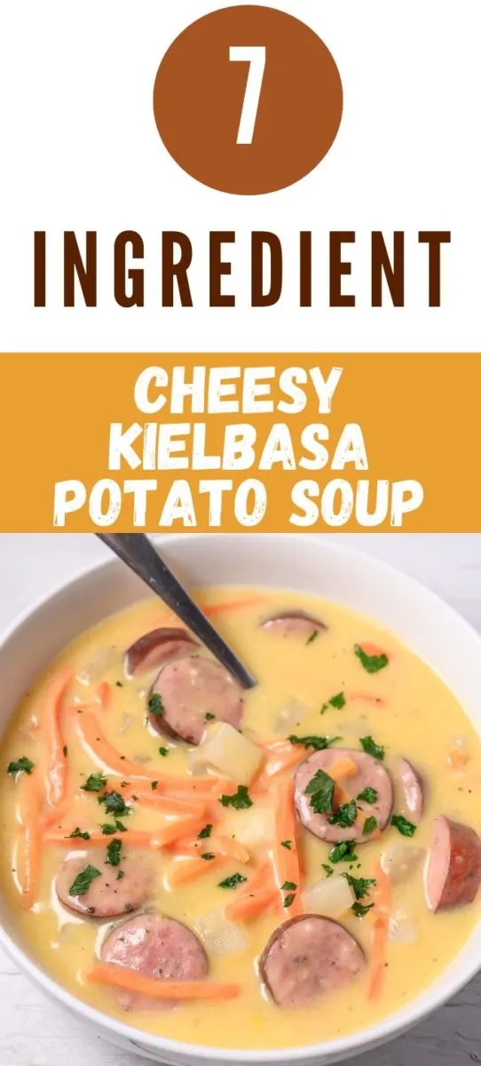 Cheesy Kielbasa Potato Soup in a bowl.