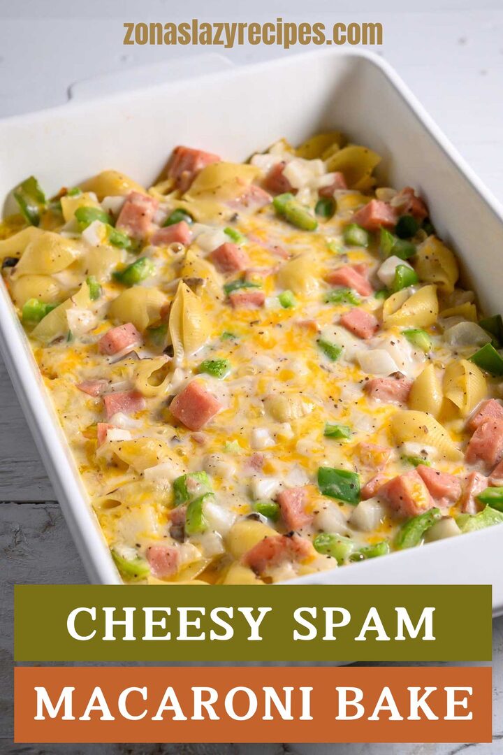 cheesy spam macaroni bake in a casserole dish.
