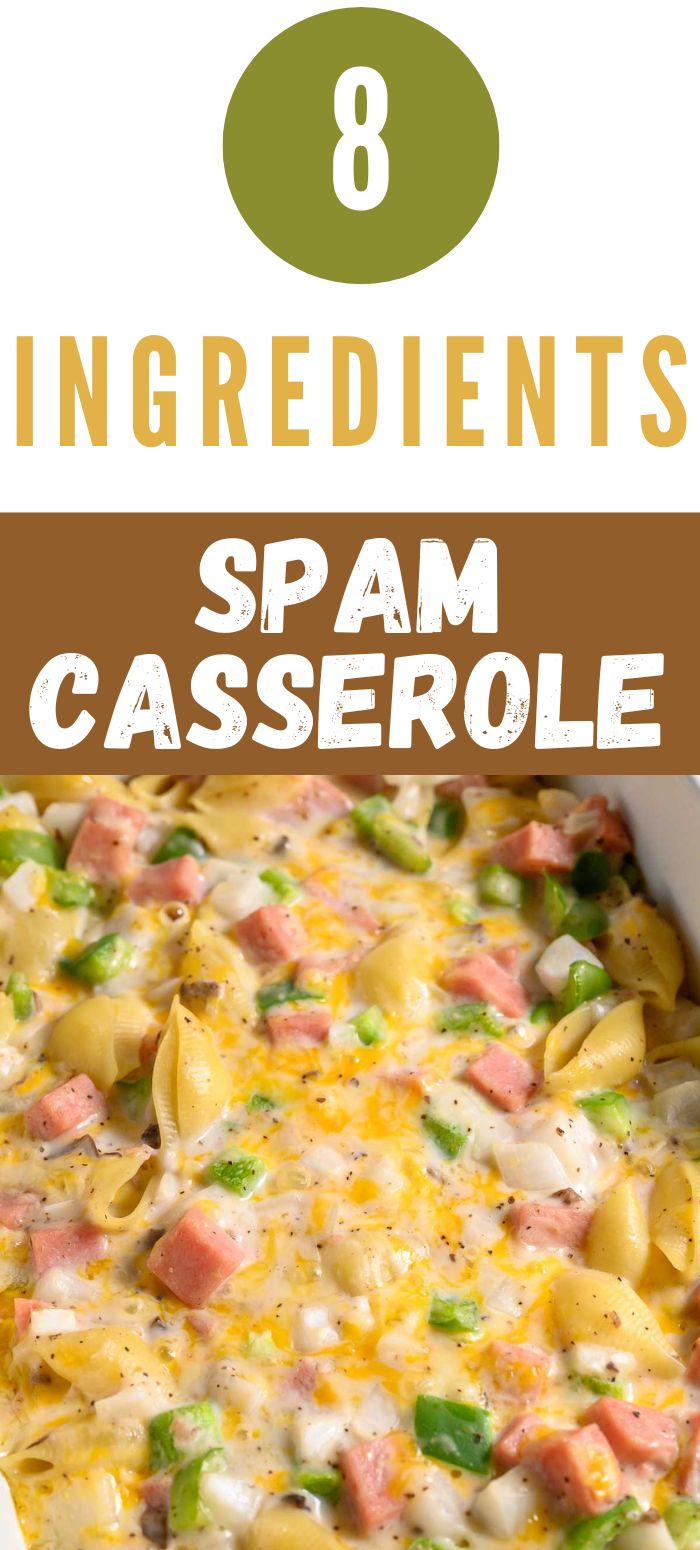 8 Ingredient spam casserole in a baking dish.