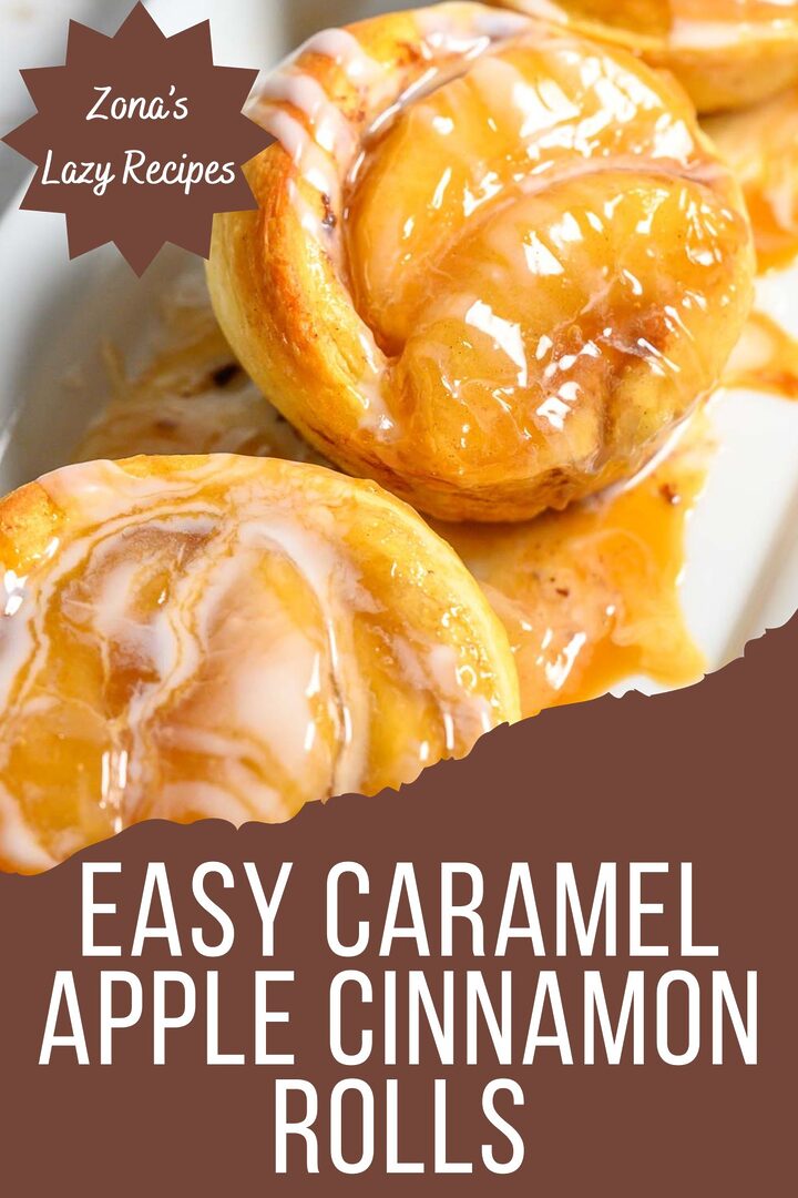 easy caramel apple cinnamon rolls on a plate.