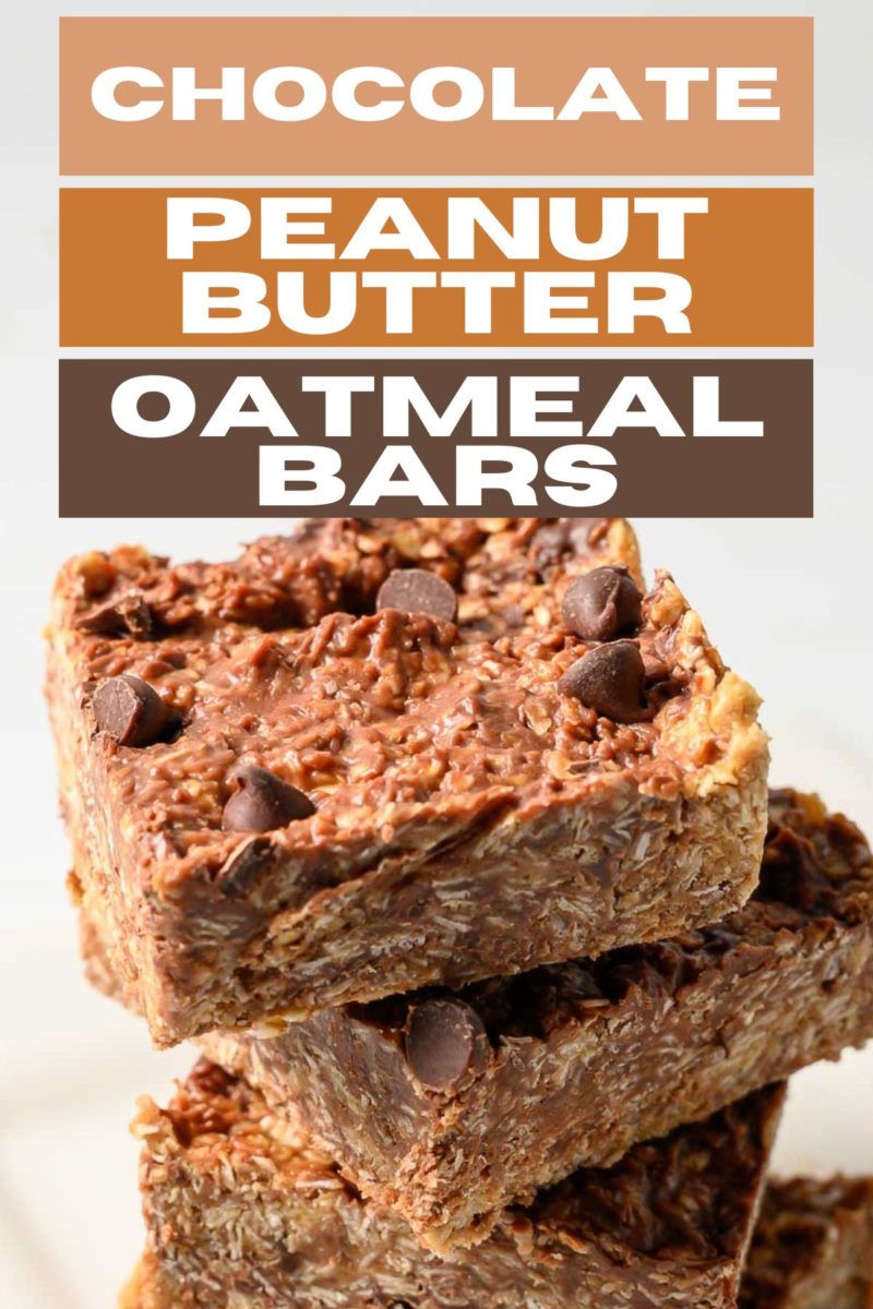 Chocolate Peanut Butter Oatmeal Bars in a stack on a plate.