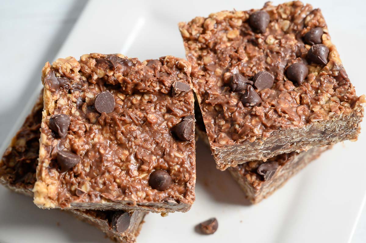 4 Ingredient Peanut Butter Oat Bars in two stacks on a plate.