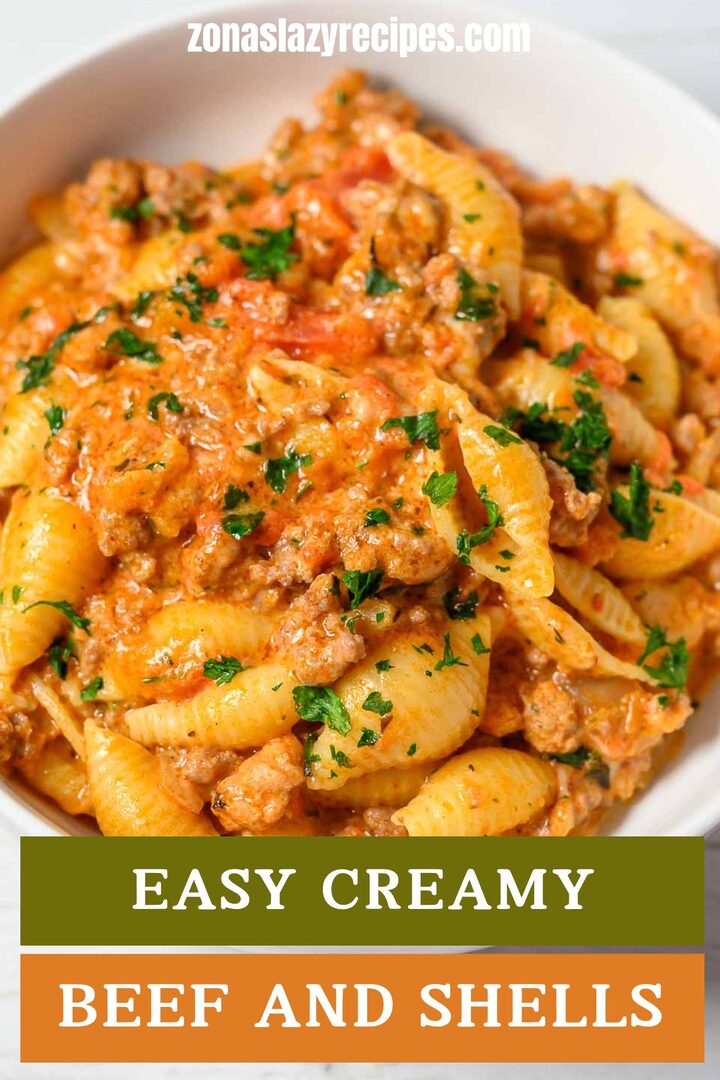 easy creamy beef and shells in a bowl.