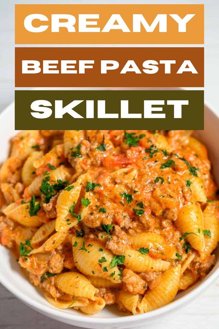 creamy beef pasta skillet in a bowl.