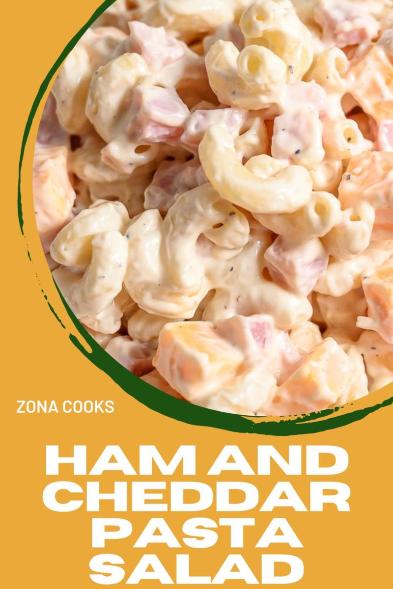 Ham and Cheddar Pasta Salad in a bowl.