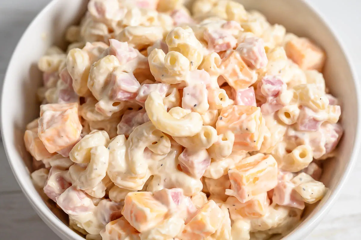 Ham and Cheddar Macaroni Salad in a bowl.