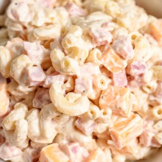 Ham and Cheddar Macaroni Salad in a bowl.