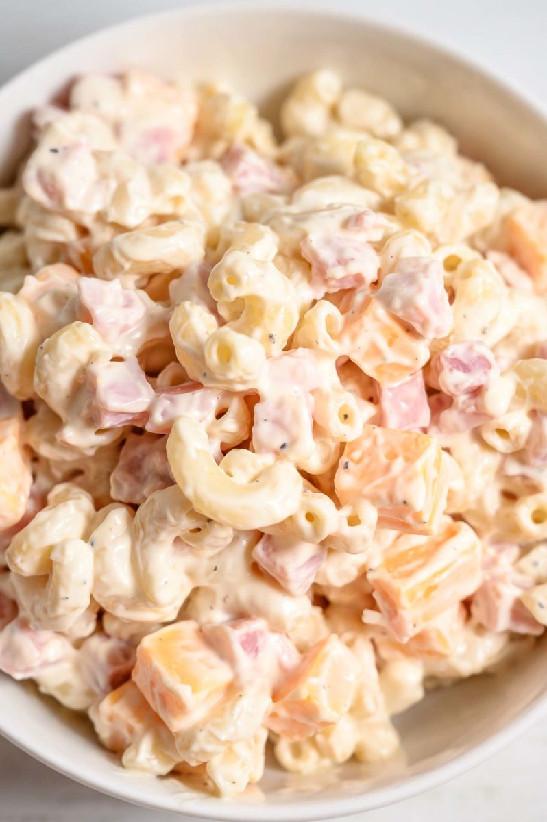 Ham and Cheddar Macaroni Salad in a bowl.