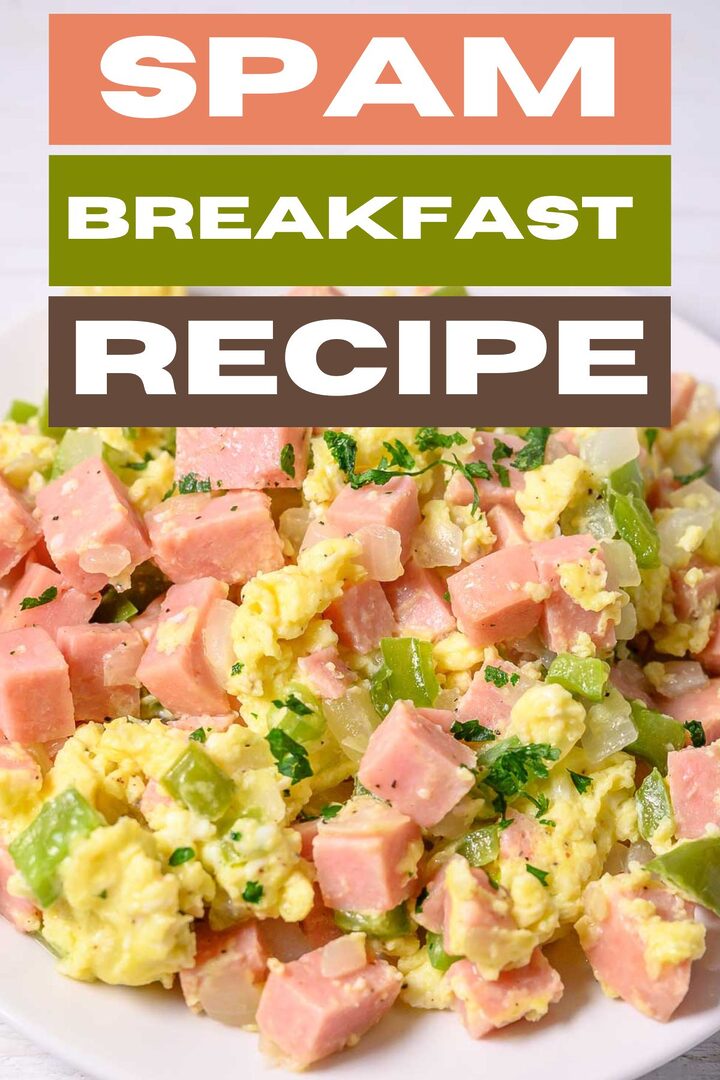 spam breakfast recipe graphic with spam scrambled eggs on a plate.