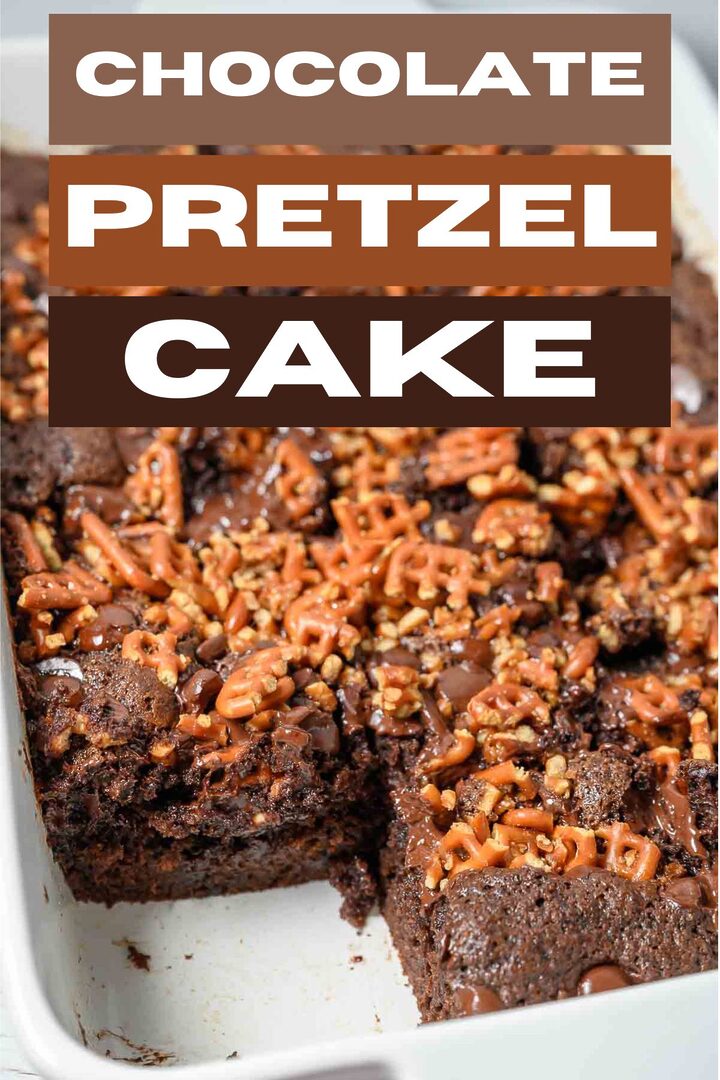 chocolate pretzel cake in a baking dish.