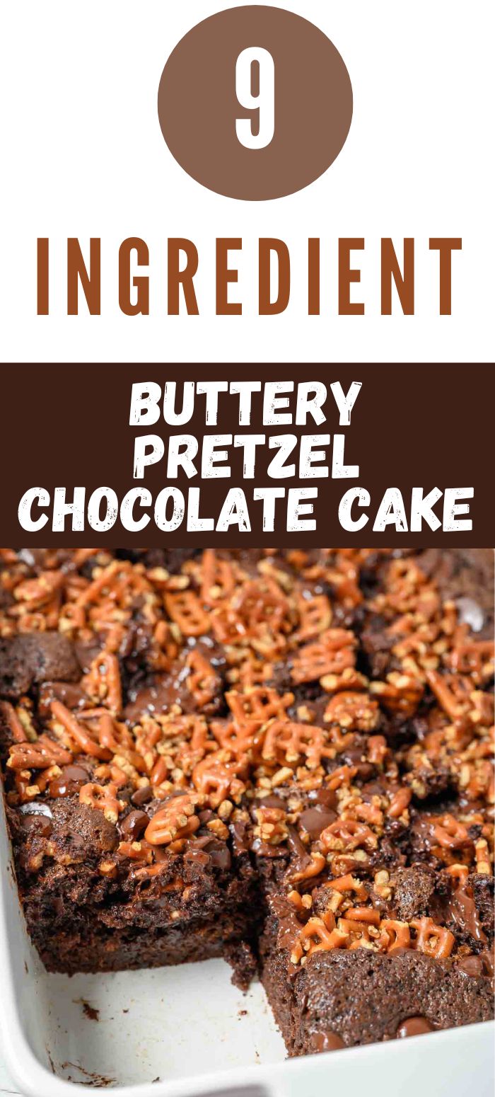 9 ingredient buttery pretzel chocolate cake in a pan.