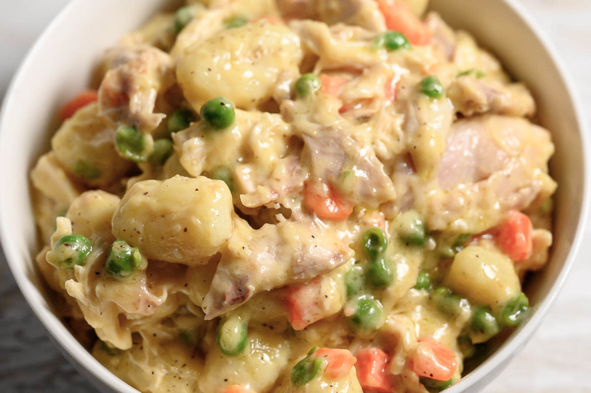 Chicken Gnocchi Pot Pie in a bowl.