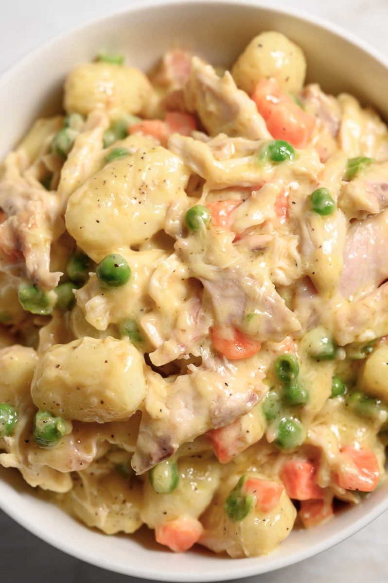 Chicken Gnocchi Pot Pie in a serving dish.