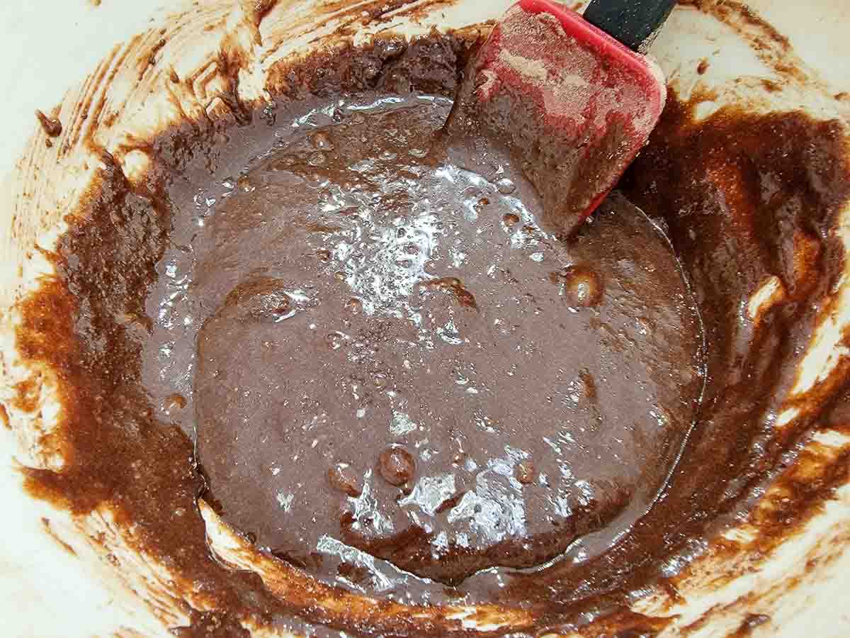 flour, cocoa powder, salt, melted chocolate, white sugar, brown sugar, eggs, and vanilla mixed in a bowl.