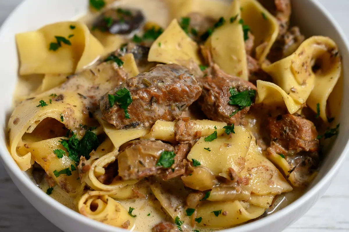 Slow Cooker Creamy Beef Pappardelle in a bowl.