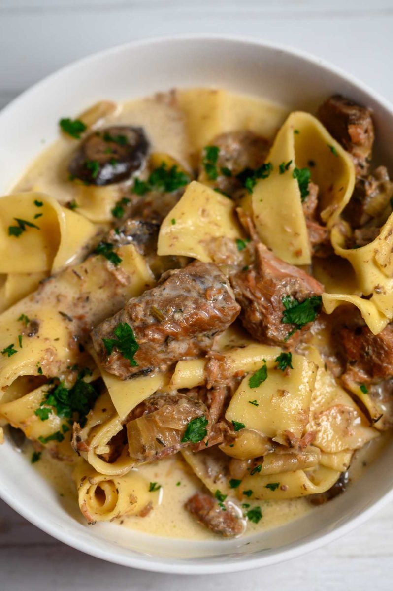 Slow Cooker Creamy Beef Pappardelle in a bowl.