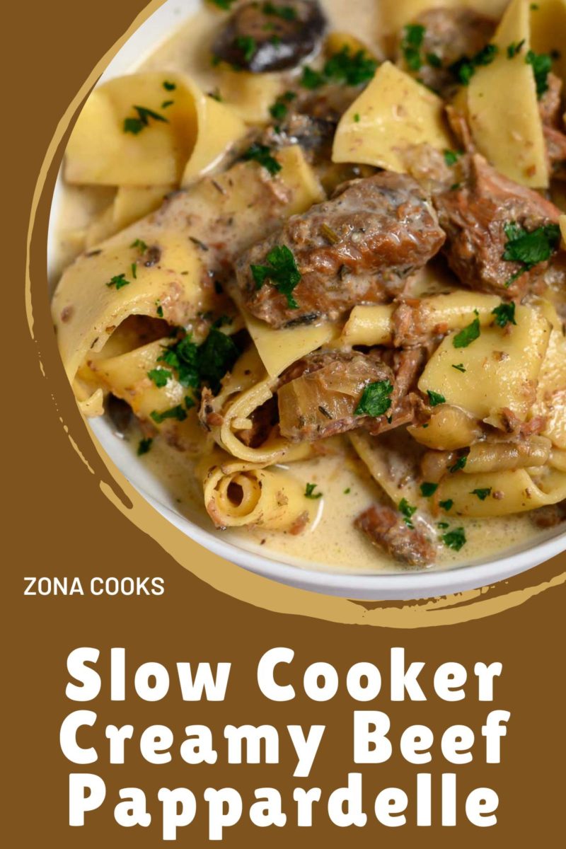 Slow Cooker Creamy Beef Pappardelle in a serving dish.