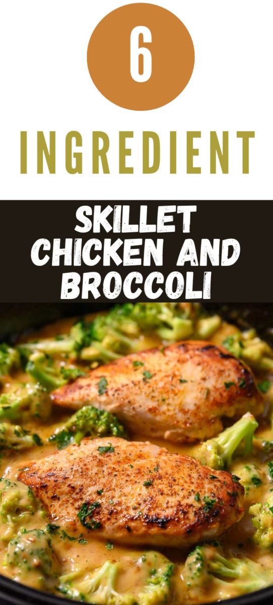 6 Ingredient Skillet Chicken and Broccoli in a frying pan.