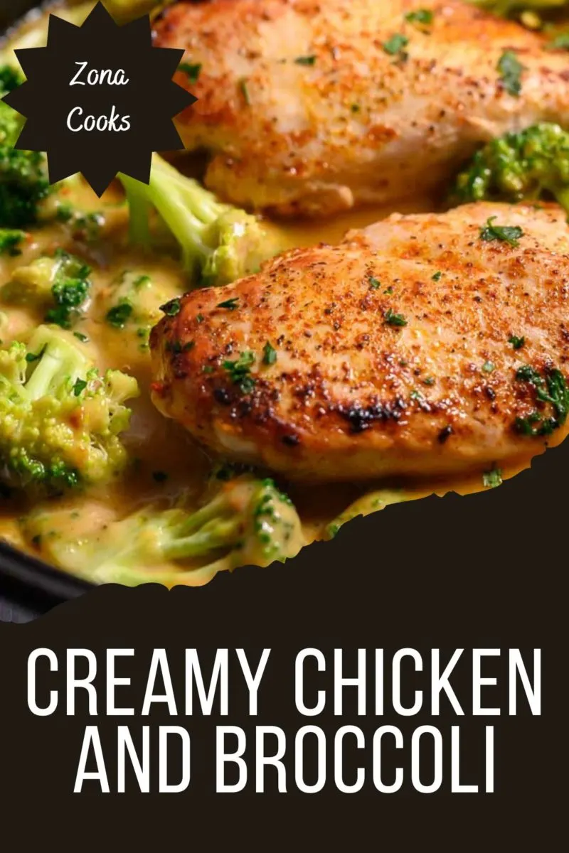 Creamy Chicken and Broccoli in a cast iron skillet.