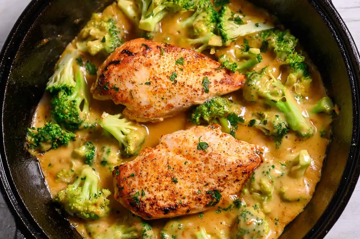 6 Ingredient Skillet Chicken and Broccoli in a frying pan.