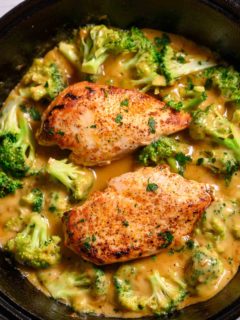 6 Ingredient Skillet Chicken and Broccoli in a cast iron skillet.