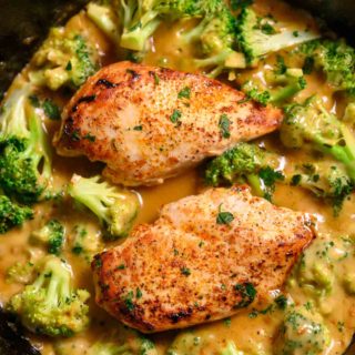 6 Ingredient Skillet Chicken and Broccoli in a cast iron skillet.