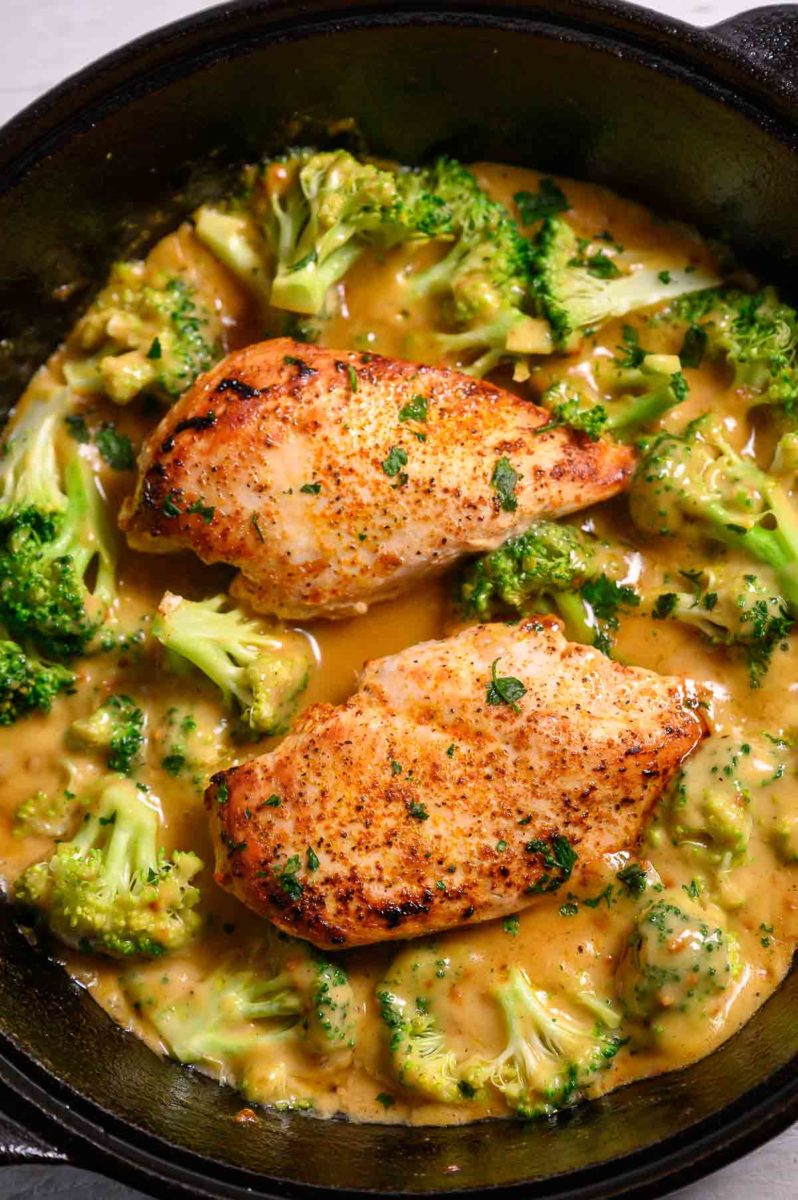 6 Ingredient Skillet Chicken and Broccoli in a cast iron skillet.