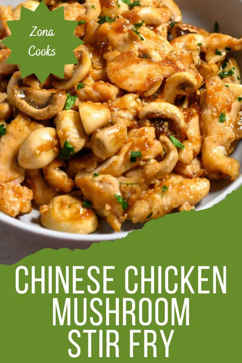 Chinese Chicken Mushroom Stir Fry in a serving dish.