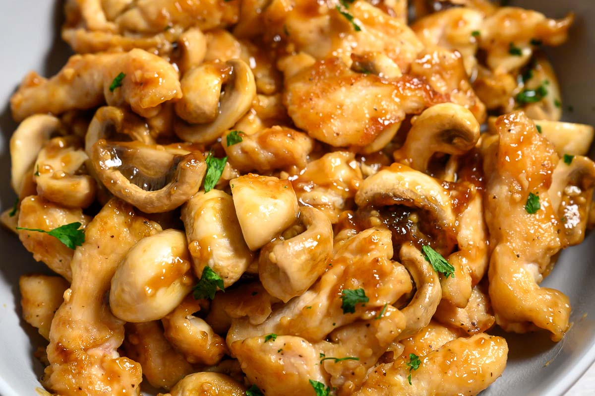 Chinese Mushroom Chicken in a serving dish.