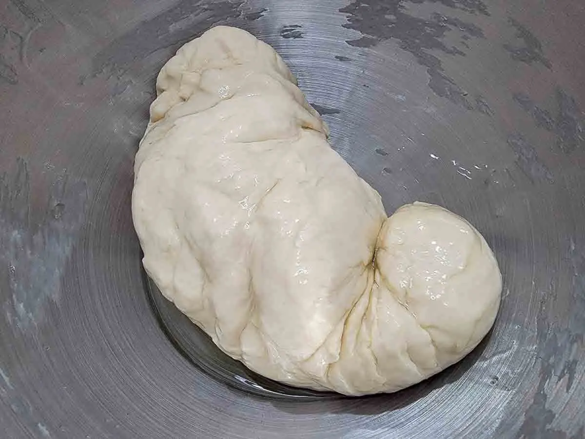 bread dough covered in oil in a mixing bowl.