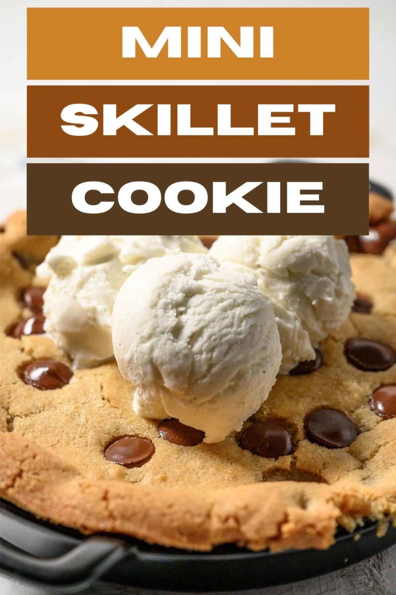 Mini Skillet Cookie topped with 3 scoops of vanilla ice cream.