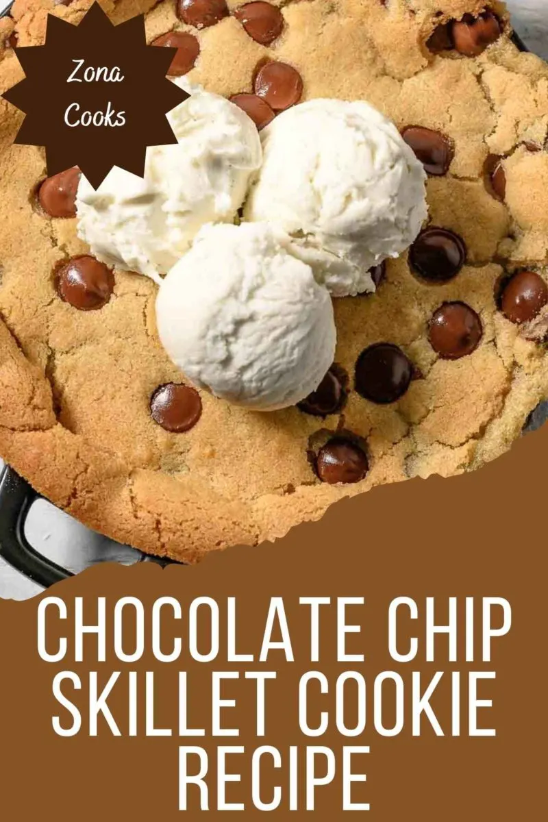 Chocolate Chip Skillet Cookie topped with ice cream.