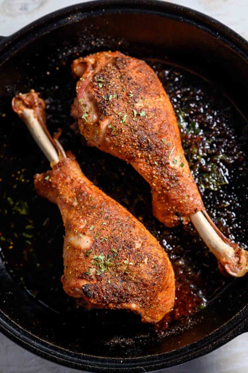 3 Ingredient Roasted Turkey Legs in a baking dish.