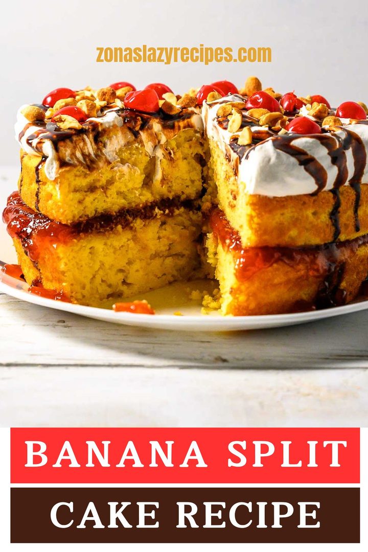 a cake with layers of yellow cake mix, banana pudding, crushed pineapple, strawberry jam, cool whip, chocolate syrup, and maraschino cherries.