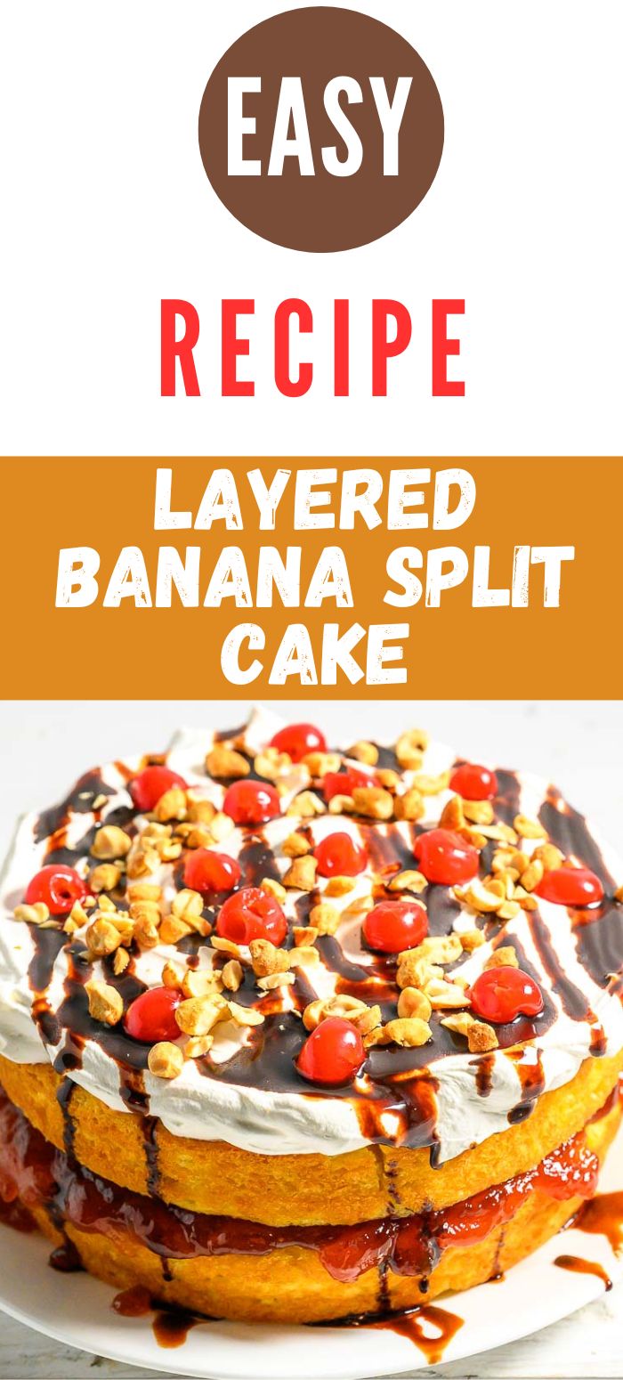 a cake with layers of yellow cake mix, banana pudding, crushed pineapple, strawberry jam, cool whip, chocolate syrup, and maraschino cherries.