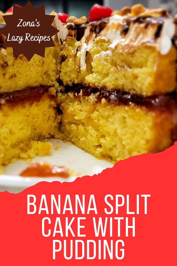 a cake with layers of yellow cake mix, banana pudding, crushed pineapple, strawberry jam, cool whip, chocolate syrup, and maraschino cherries.