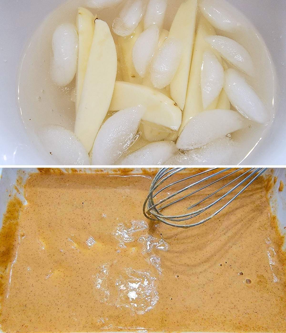 two photos, first is raw potato wedges soaking in ice water. second, is beer batter whisked in a dish.