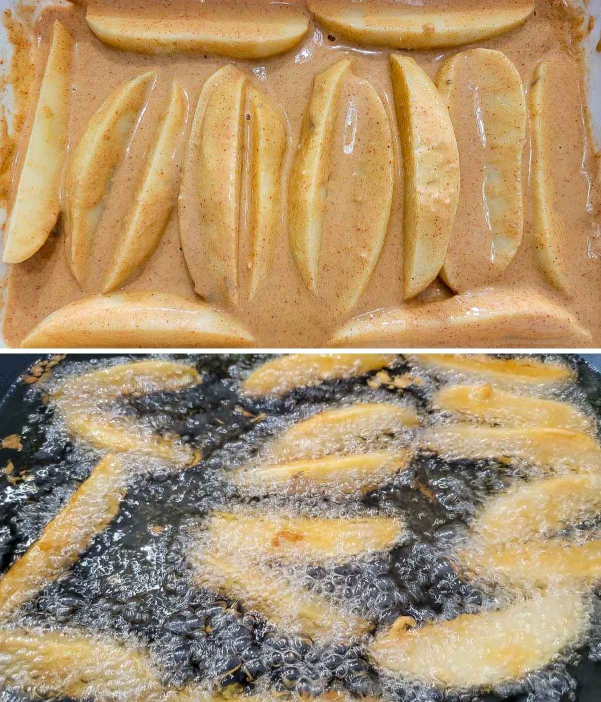 two photos, first is potato wedges dredged in beer batter. second is battered wedges frying in oil.