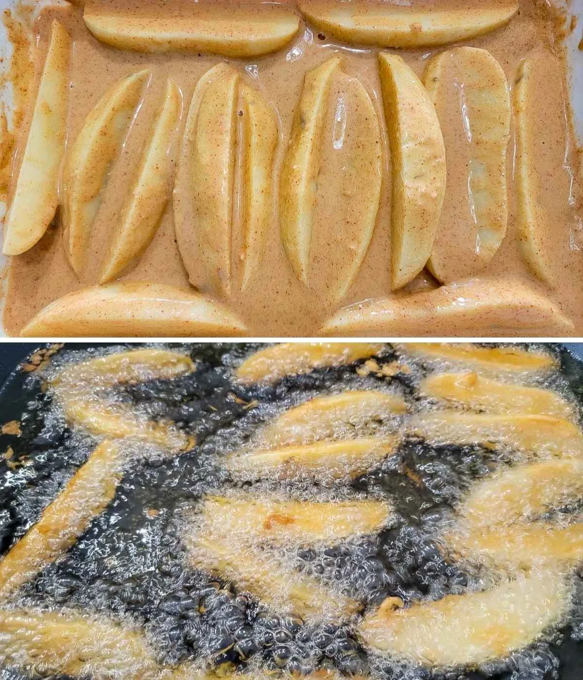 two photos, first is potato wedges dredged in beer batter. second is battered wedges frying in oil.