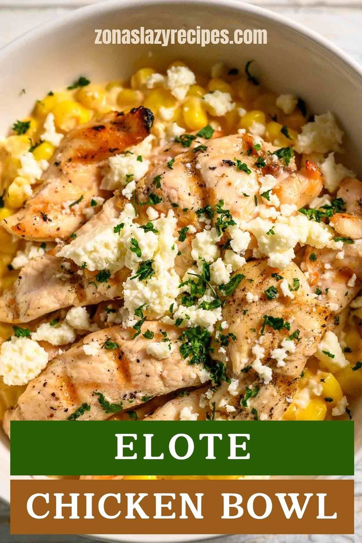 a bowl filled with corn, chicken, and cheese.