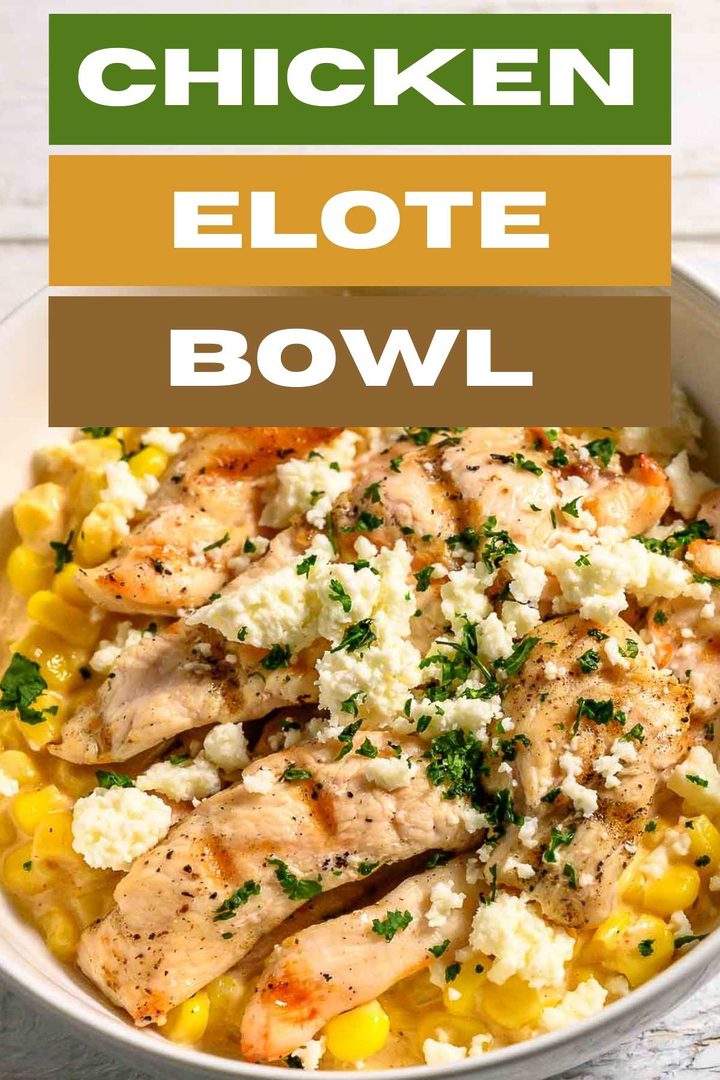 a bowl filled with corn, chicken, and cheese.