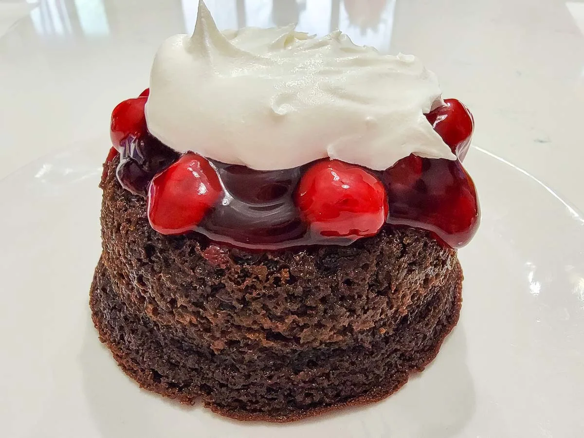 one small chocolate cake layer topped with cherries and whipped cream.