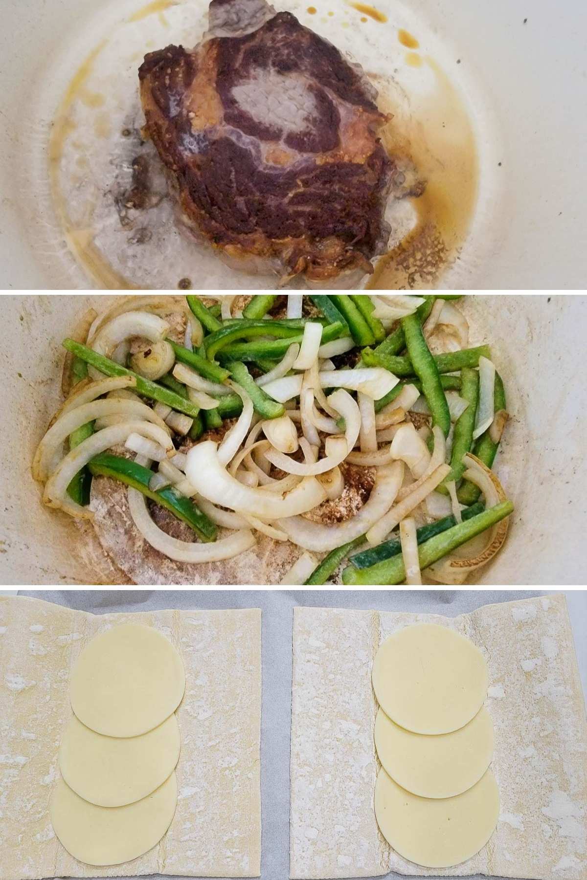 first image is steak cooking in a skillet. second is green pepper and onions cooking in a skillet. third is provolone cheese slices layered over raw puff pastry sheets.